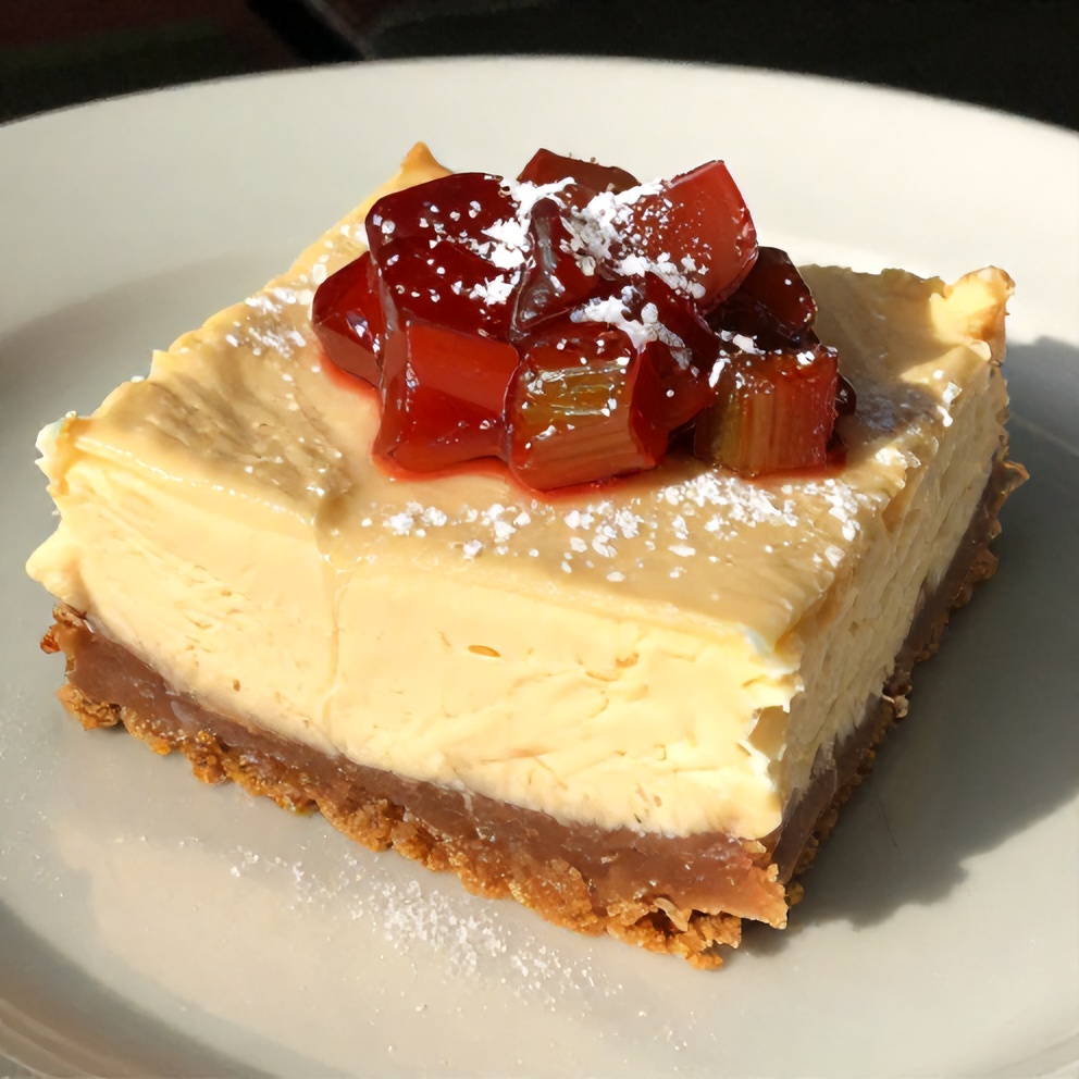Sweet-Tart Rhubarb Cheesecake Bar on a fork