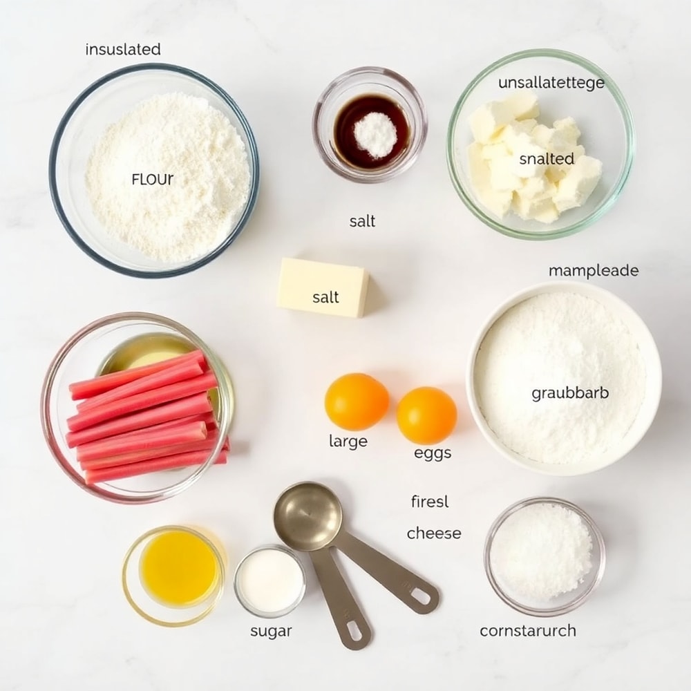 Raw ingredients for Sweet-Tart Rhubarb Cheesecake Bars