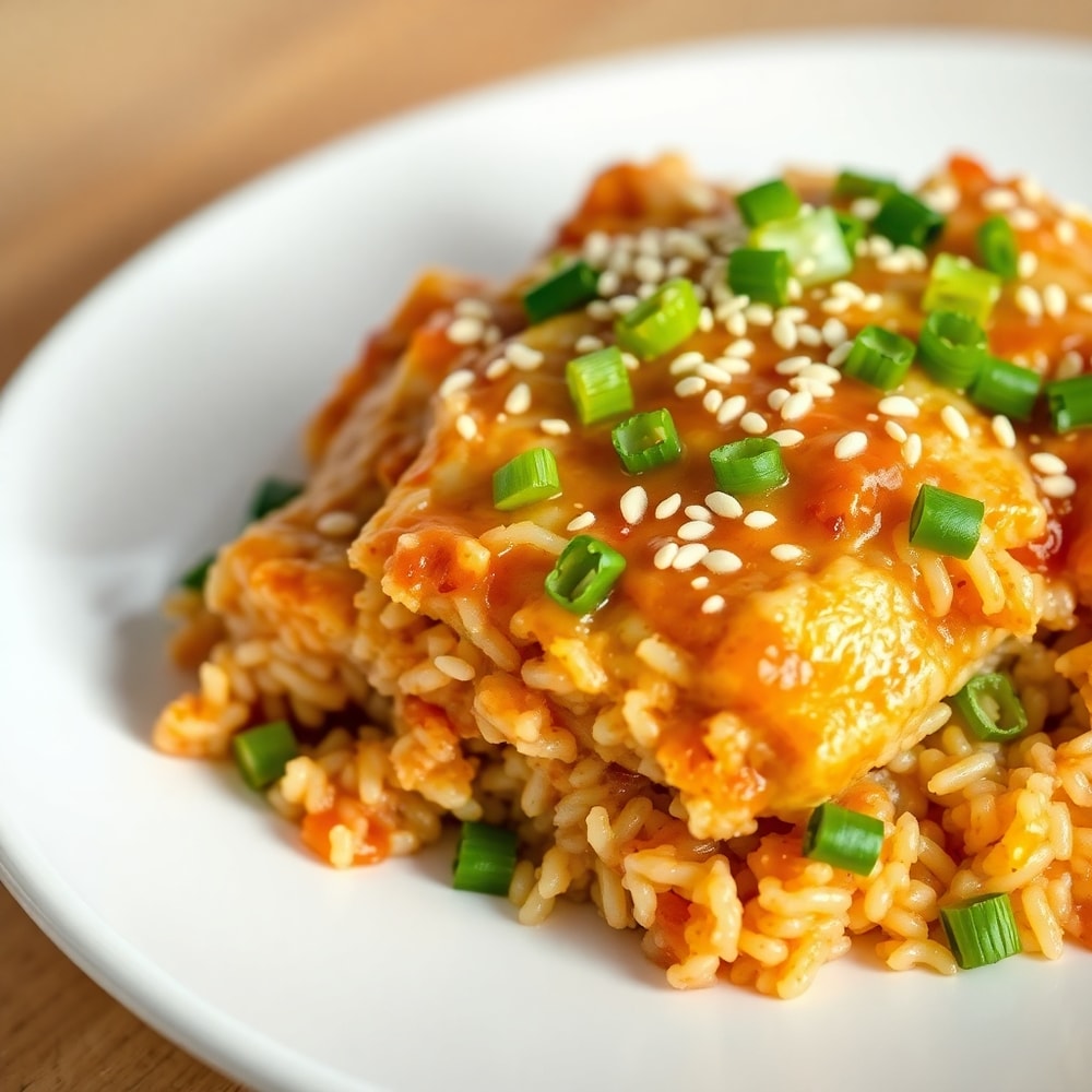 Plated teriyaki tofu rice casserole with green onions