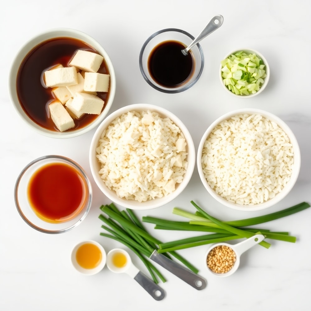 Raw ingredients for teriyaki tofu rice casserole