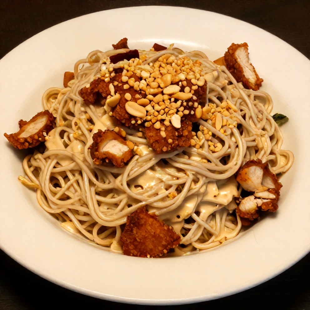 Thai Peanut Noodle Salad plated with crispy chicken and garnished with peanuts