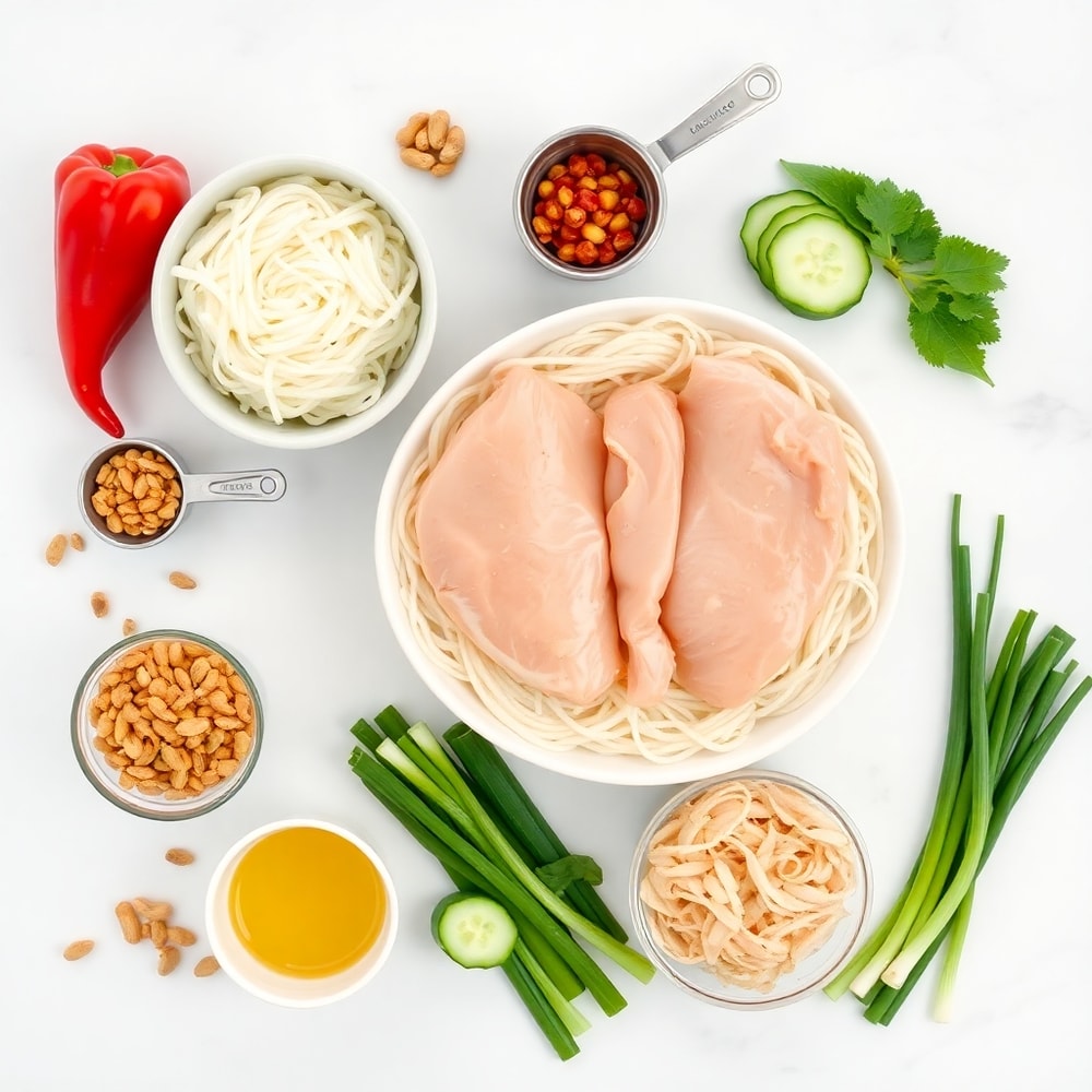 Thai Peanut Noodle Salad ingredients laid out on a wooden surface