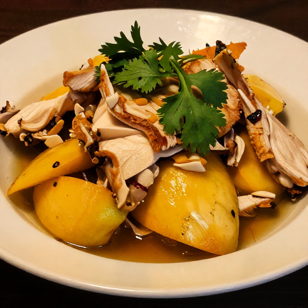 Plated Tropical Mango Coconut Chicken Delight with fresh cilantro