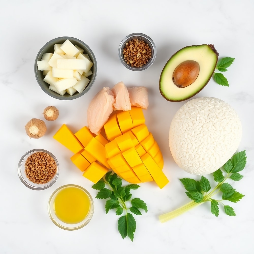 Raw ingredients for Tropical Mango Coconut Chicken Delight on a marble surface