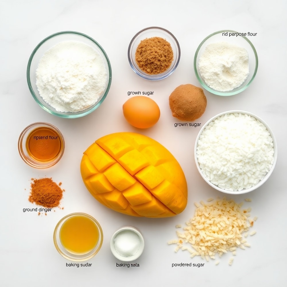 Raw ingredients for Tropical Mango Cookies on a marble surface