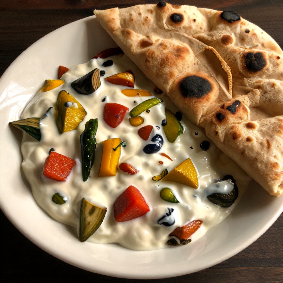 Plated vegan mixed vegetable raita with naan