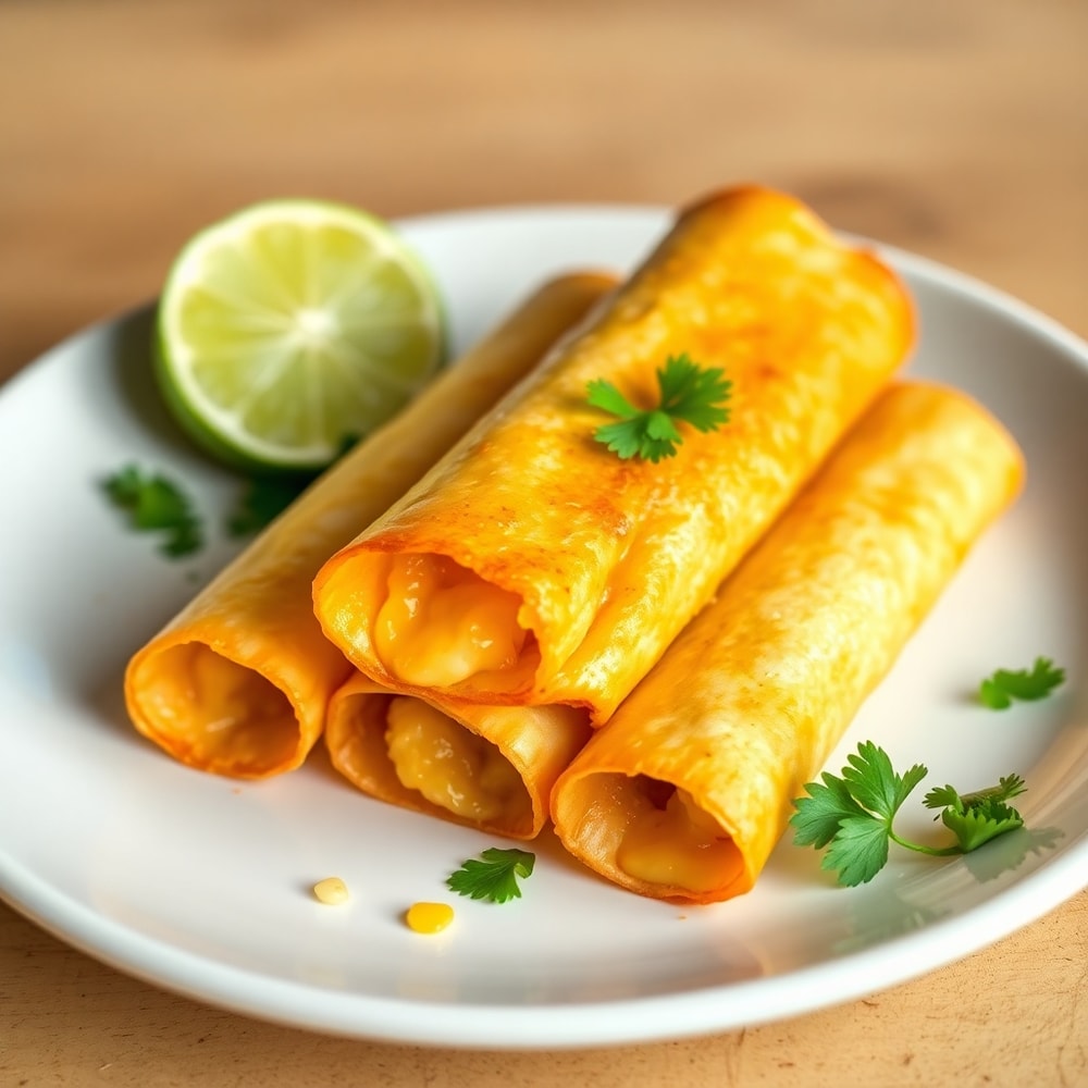 Vegan taquitos on a plate with a lime wedge