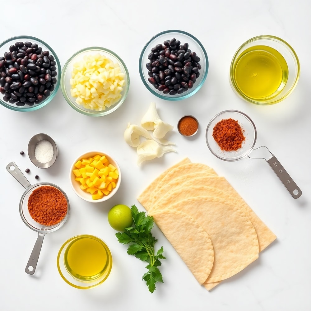 Raw ingredients for vegan taquitos on a marble surface