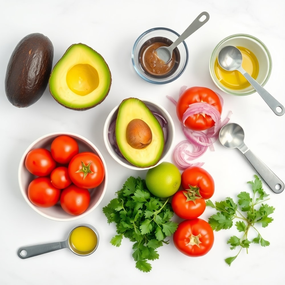 Raw ingredients for Zesty Avocado Tomato Salad on a marble surface